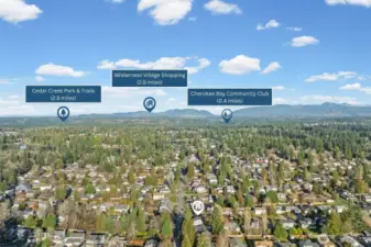 Perfectly situated near everyday conveniences, this view shows quick access to Cedar Creek Park & Trails, Wilderness Village Shopping, and the Cherokee Bay Community Club—all within 3 miles or less.