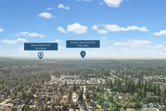 Enjoy nearby recreation with Lake Sawyer Park just 3.4 miles away and Druid’s Glen Golf Club at 2.8 miles, offering a blend of outdoor relaxation and leisure close to home.