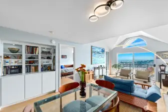 The wall of built-ins is perfect for displaying your favorite things and has plenty of extra storage.