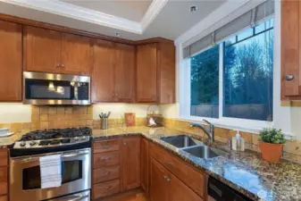 Detail view of the kitchen finishes featuring granite countertops and a classic travertine tile backsplash.