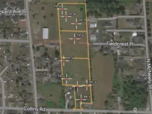 Approximate boundaries in yellow. The location of the tests pits are outlined -- more information can be found within the Offering Memorandum.