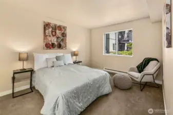 Oversized bedroom gives so many options.  Room for a king-sized bed or create an office nook.