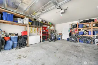 two car garage; shelving stays