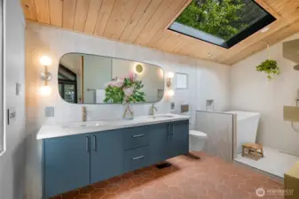 Ensuite primary bath with heated floors, double sink