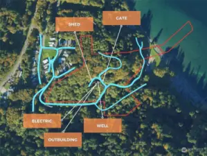 Site Overview -- Approximate boundaries in red. Approximate roads in blue. Approximate locations in tan.