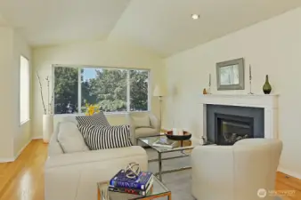 Living room with a vaulted ceiling and gas fireplace.