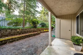 Ground floor living offers many benefits, especially for a pet to easily go outside. The door at the end of the patio is exterior storage.