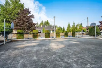 Another view of the athletic court, with a basketball hoop and picnic table.