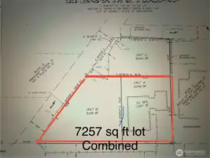 Red indicated house & lot size of A & B combined & now being sold together as LOT A (see previous aerial photo, which could become additional condo lot 'B' depending on what buyer wants to do w/house & enjoy larger lot now & plan for future expansion, DADU or shop w/MIL? We can create a separate lot B but easier to sell as one lot A w/large lot and new buyer can create 'lot B' easily in the future or keep as is.