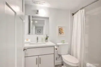 The lower level bathroom includes a bathtub.