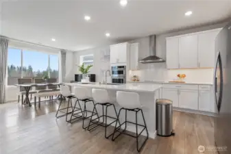Chef's kitchen featuring a large eat-in island and quartz countertops.