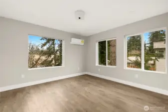 Upper level primary suite with mini-split heating/cooling, expansive windows and LED lighting.