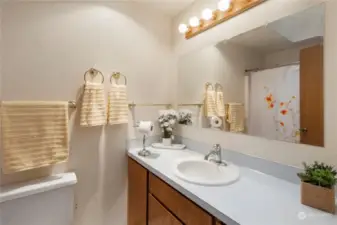 Full bathroom has large vanity and skylight.