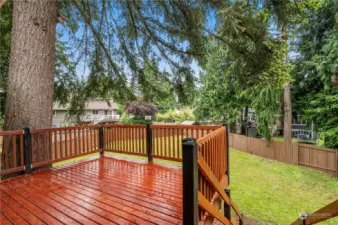 new back deck overlooks large private backyard