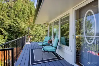 Back deck looking out toward the water view is composite decking material. New storm doors on front & back doors.