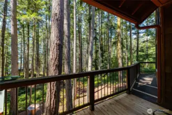 Covered deck is lovely for observing the many birds and even a peek of water through the trees