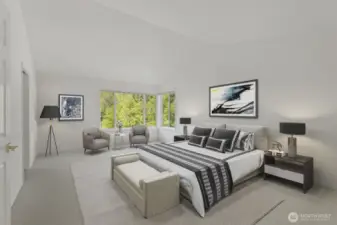Double doors lead to the primary suite featuring a tall vaulted ceiling, 2 walk-in closets and updated 5-piece bathroom. (virtually staged)