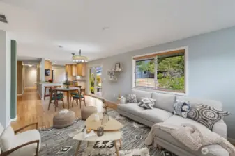 Window to the backyard brings in a light-filled space.