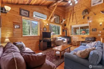 Free standing propane stove adds warmth and ambiance. Ductless mini split also keeps you warm in winter and cool in summer.