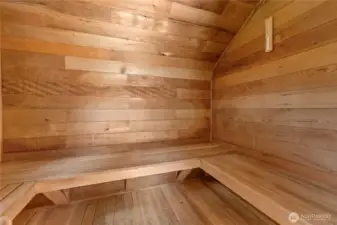 Sit here and soak up the heat.  Sure to be a hit with renters- get those repeat customers coming back for more private sauna action. I suppose you could walk back to the creek for a cold plunge after that.  If you dare!