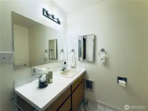 Primary bathroom, counter space on vanity, shower, toilet, wall of glass block