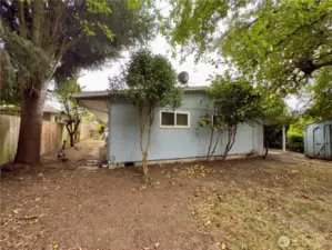 Back of home with mature landscaping, apple tree and garden area, fenced backyard