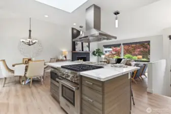 Oversized kitchen island with chef inspired kitchen and professional grade appliances Subzero, Wolf, Thermador. Heated floors in kitchen