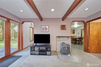 Family room looking towards front entry and dining room. Main bathroom is to your right.