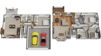 A 3D layout view makes the flow easy to understand: open main level living anchored by the kitchen and dining area, with deck access for indoor outdoor living. Bedrooms are grouped for privacy, including the primary suite with an ensuite 3/4 bath. Downstairs, the family room, additional bedroom, 3/4 bath, and laundry create a highly usable lower level that connects directly to the covered patio, ideal for guests, work from home needs, and everyday flexibility.