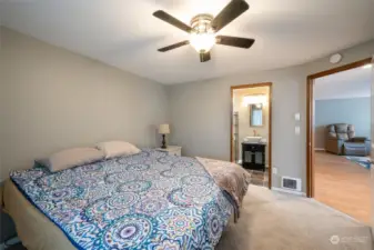 Pocket door entry to bathroom from primary bedroom.