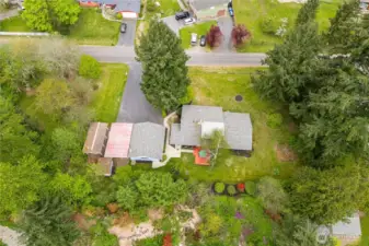 An aerial view from the rear of the property