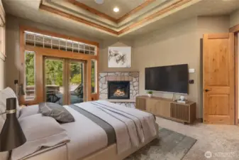 Enter the master suite, a sanctuary with private terrace with outdoor fireplace, indoor fireplace, textured artisan walls  and coiffured ceilings.