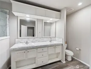 Primary bathroom with large dual sinks
