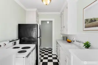 Charming features; marble counters, original hardwood floors, cool cabinetry.