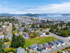 Stunning aerial view showcasing Anacortes’ charming neighborhoods, marina, and sweeping water and island vistas