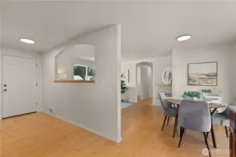 Comfortably transition from kitchen to dining area to living room.