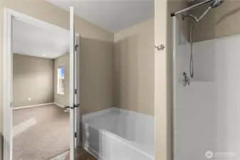 Soaking tub and shower in primary bathroom