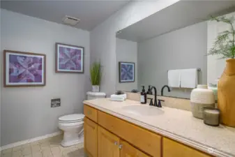 Back inside, you will find this tasteful guest bath just off the family room featuring Corian countertops.