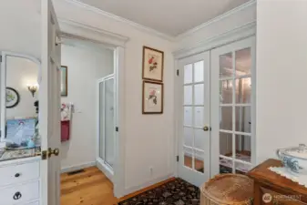 Primary bathroom with authentic claw foot tub and shower