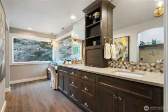 remodeled primary bathroom with coffee bar area