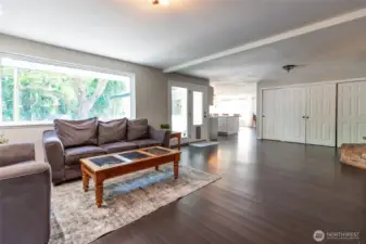 Living room area, large bank of closets for storage