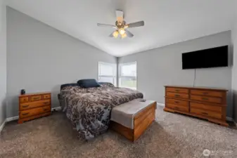 Spacious primary bedroom with ceiling fan and abundant natural light.