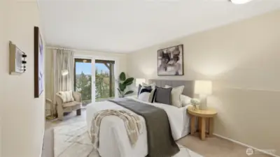One of the 5 Bedrooms with a slider to patio facing Lake Washington.