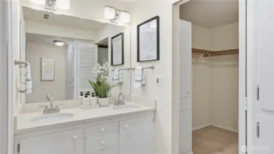 Primary Bathroom with large walk-in closet on basement level.