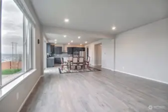 View from great room fireplace to kitchen area