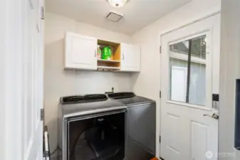 Main floor laundry and door to the back patio and fenced yard.