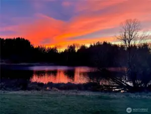 Seller "sunset" photo of pond behind house