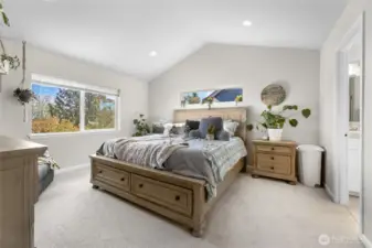 Primary bedroom with vaulted ceilings,