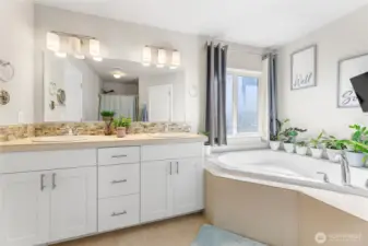 Primary bathroom with large soaker tub, double sinks, walk-in shower