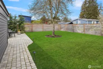 Large, flat, fenced backyard